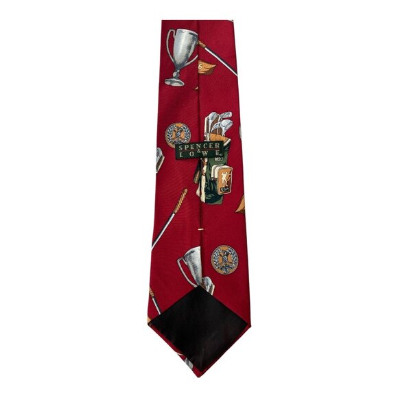 Vtg 1990s Spencer & Lowe Golf Themed Silk Necktie – Red Trophy & Clubs Print - Picture 3 of 4